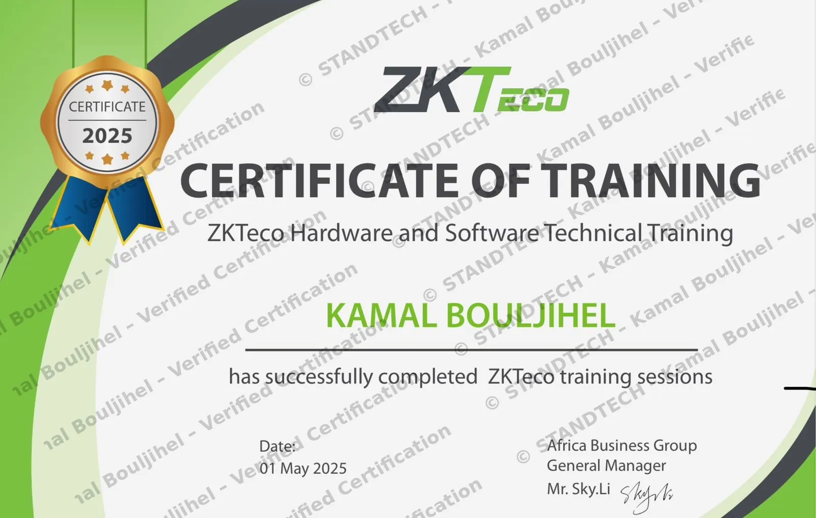 Certificat de formation ZKTeco Hardware et Software - Technicien certifie